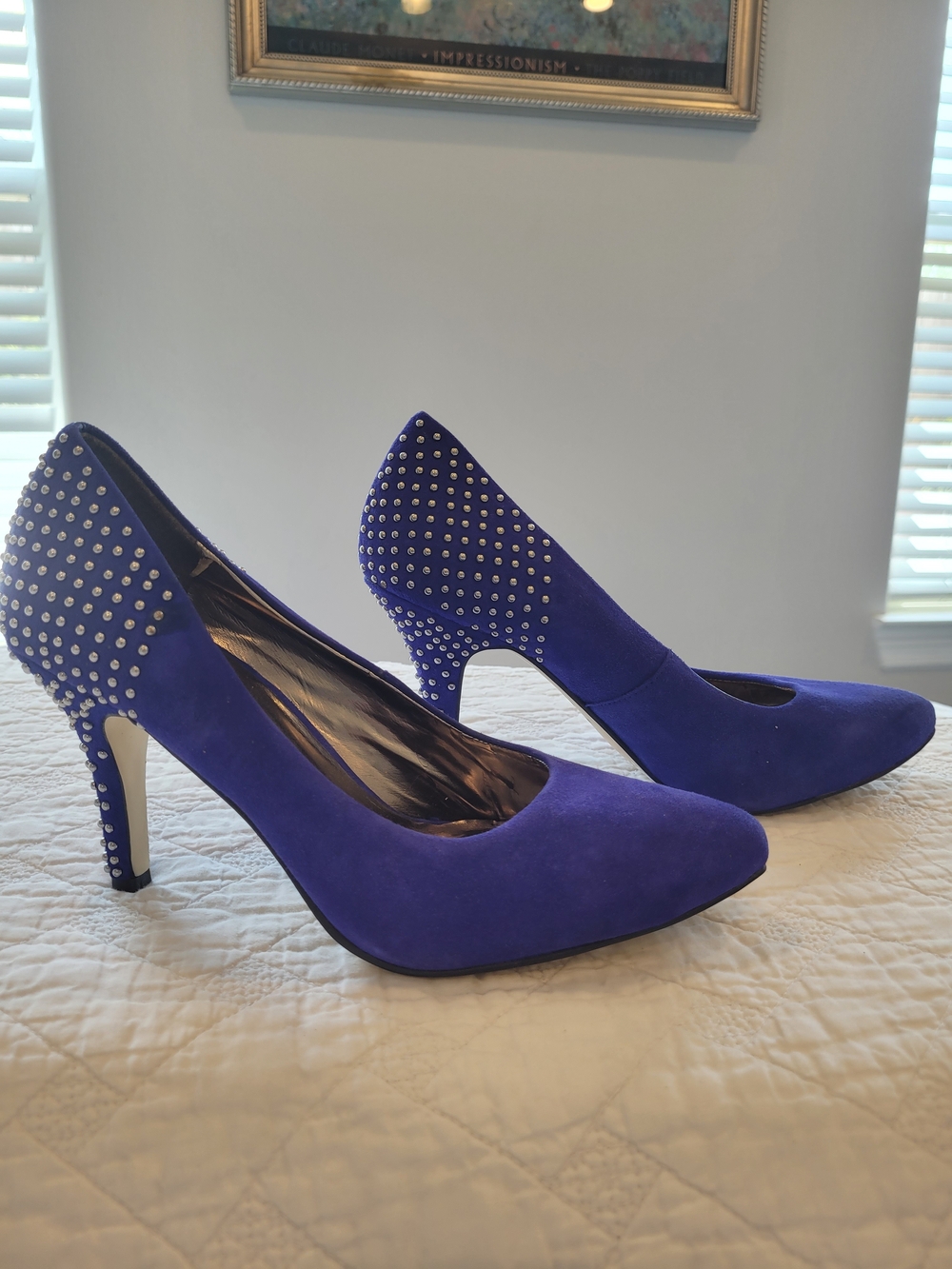 Reba Royal Blue Suede Pointed Toe Silver Stud Heel Country Rock Pumps Sz 6.5